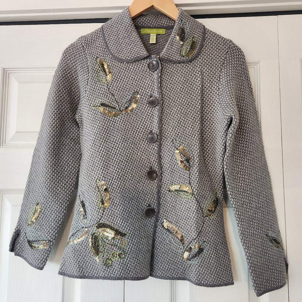 Sigrid Olsen Grey Wool Sequin Floral Embroidered … - image 1